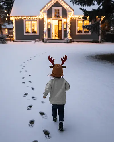 Kids Christmas Sweatshirt Mockup Child In Reindeer Hat Running Toward Lit House