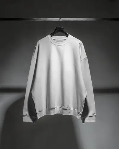 Minimalist Sweatshirt Mockup Hanging Display In Dark Studio Lighting Clean Fashion
