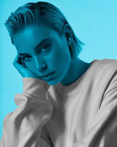 Monochrome Portrait Sweatshirt Mockup Female Model In Blue Light Studio Stylized Fashion