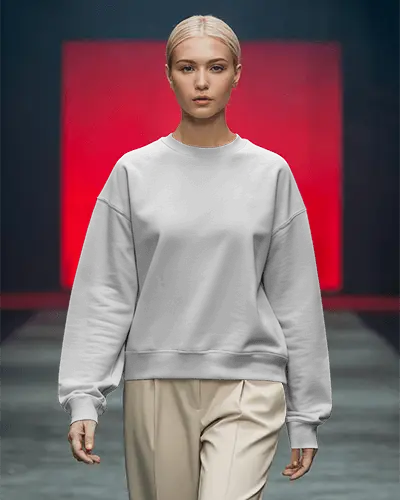 Runway Sweatshirt Mockup Female Model Walking On Fashion Show Ramp With Red Light Panel