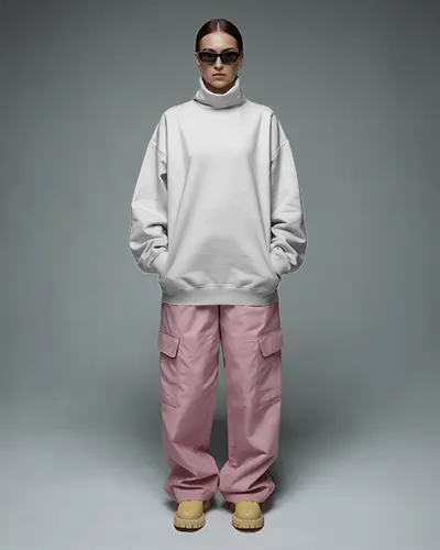 Oversized Turtleneck Sweatshirt Mockup Female Model In Pink Cargo Pants And Yellow Boots Stylish Look