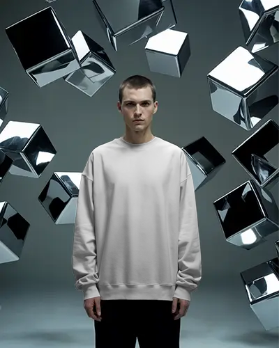 Futuristic Sweatshirt Mockup Male Model Standing With Floating Metallic Cubes Background