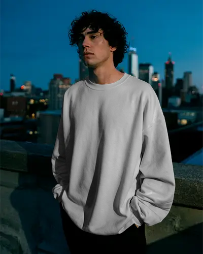 Rooftop Sweatshirt Mockup Male Model In Cityscape Setting Evening Light Urban Vibes