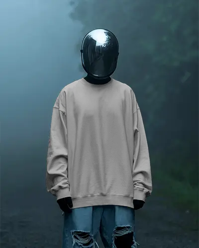 Sweatshirt Mockup Male Model With Metallic Helmet In Misty Forest Background
