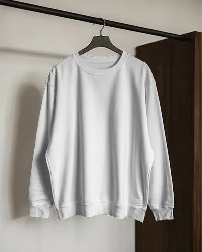 Minimalist Hanging Sweatshirt Mockup On Wooden Wardrobe Bar With Soft Natural Light