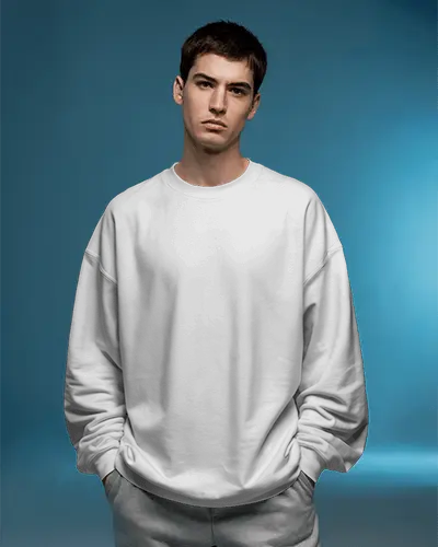 Casual Sweatshirt Mockup Male Model In Gray Studio Against Blue Background Modern Look