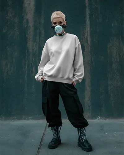 Streetwear Sweatshirt Mockup Female Model In Gas Mask And Combat Boots Urban Vibes