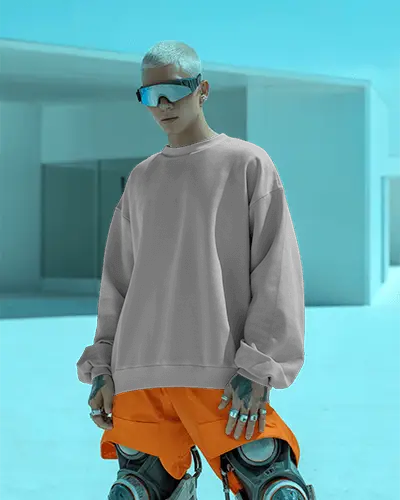 Cyberpunk Sweatshirt Mockup Male Model In Orange Shorts And Futuristic Glasses