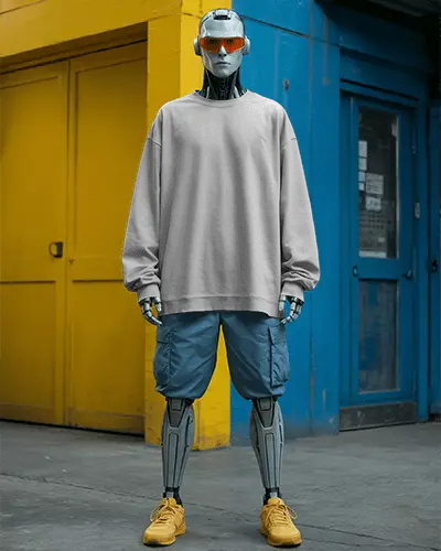 Robot Sweatshirt Mockup Android In Oversized Fit With Yellow Shoes And Blue Shorts