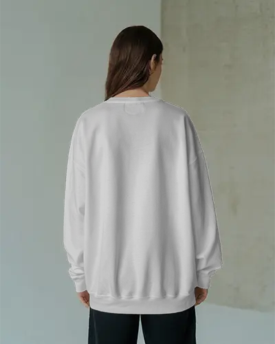 Back View Sweatshirt Mockup Female Model Standing Minimal Studio Setting Clean Casual Look