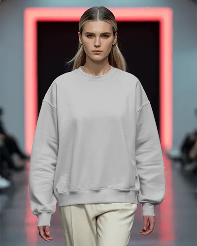 Runway Fashion Sweatshirt Mockup Female Model Walking Under Neon Frame Modern High End Style
