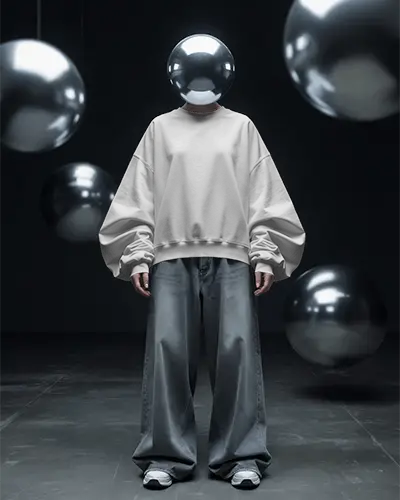 Futuristic Oversized Sweatshirt Mockup Streetwear Style Metallic Spheres Dark Studio Bold Visuals