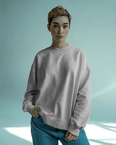 Studio Portrait Sweatshirt Mockup Female Model Natural Lighting Jeans Styled Casual Look