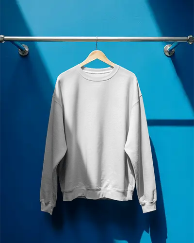 Hanging Sweatshirt Mockup On Wooden Hanger Blue Wall Bright Clean Display Retail Fashion
