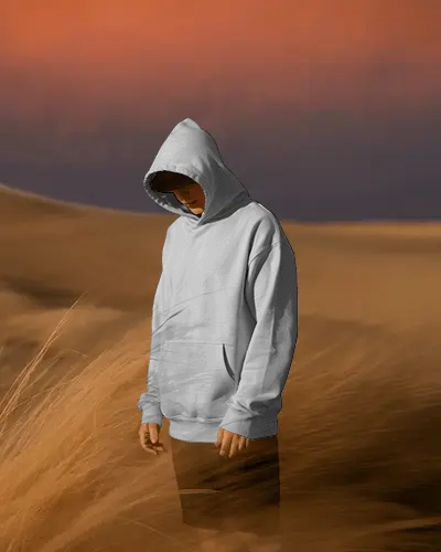 Sunset Desert Sweatshirt Mockup Hooded Model Looking Down In Soft Evening Light