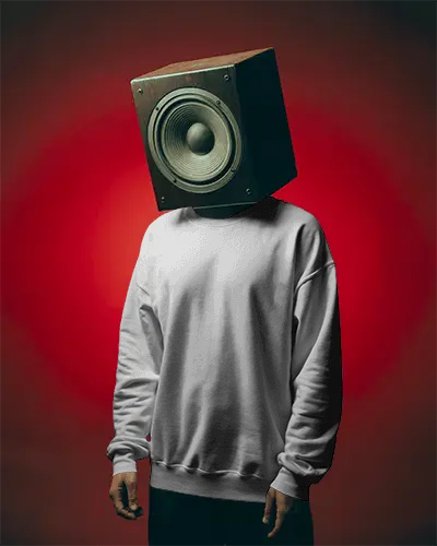 Surreal Speaker Head Sweatshirt Mockup Modern Artistic Style With Red Studio Background Light