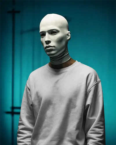 Futuristic Minimal Sweatshirt Mockup With Smooth White Mask Under Cool Teal Studio Lighting