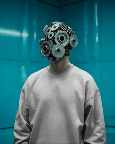 Futuristic Industrial Sweatshirt Mockup Gear Head Model In Modern Cyan Metal Room