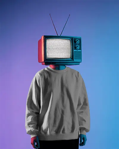 Retro Tv Head Sweatshirt Mockup Vintage Television Aesthetic In Modern Purple Blue Light
