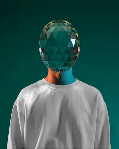 Geometric Crystal Head Sweatshirt Mockup Modern Surreal Design In Deep Teal Lighting
