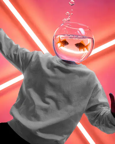 Surreal Goldfish Bowl Head Sweatshirt Mockup Creative Underwater Theme With Pink Light