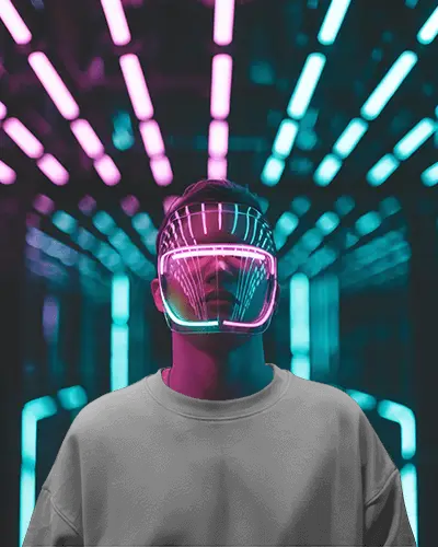Futuristic Neon Sweatshirt Mockup Cyberpunk Helmet Glow In Pink And Teal Light Tunnel