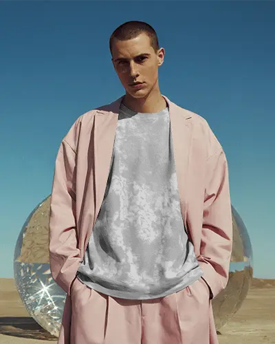 Modern Desert Sweatshirt Mockup Male Model In Pink Suit Minimal Fashion Look
