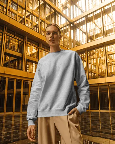 Modern Architecture Sweatshirt Mockup Female Model In Golden Building Light