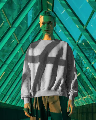 Geometric Glass Sweatshirt Mockup Model Under Green Structure Modern Fashion Look