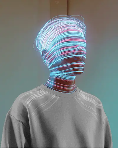 Futuristic Sweatshirt Mockup Glowing Light Trails Around Head Digital Fashion Scene