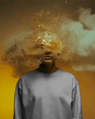 Surreal Golden Explosion Sweatshirt Mockup Minimal Studio Lighting Conceptual Visual Impact