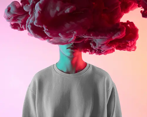 Vibrant Dark Pink Cloud Sweatshirt Mockup Gradient Background Surreal Modern Portrait