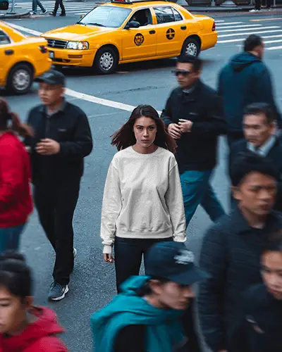 Urban Street Sweatshirt Mockup Woman In Crowd New York Taxi City Vibe Modern Look