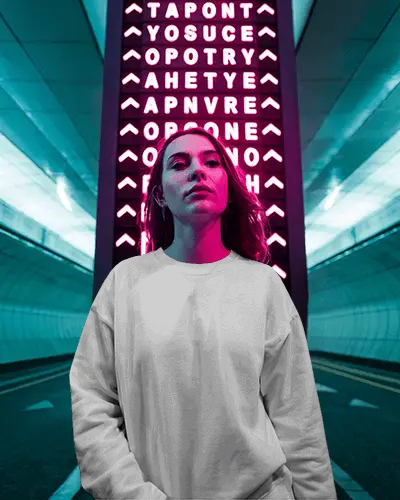 Cyberpunk Sweatshirt Mockup Glowing Signs Tunnel Background Modern Streetwear