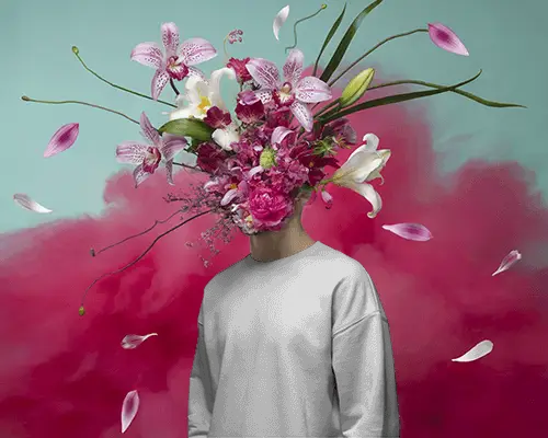 Floral Explosion Head Sweatshirt Mockup Surreal Artistic Pink Flowers Modern Concept
