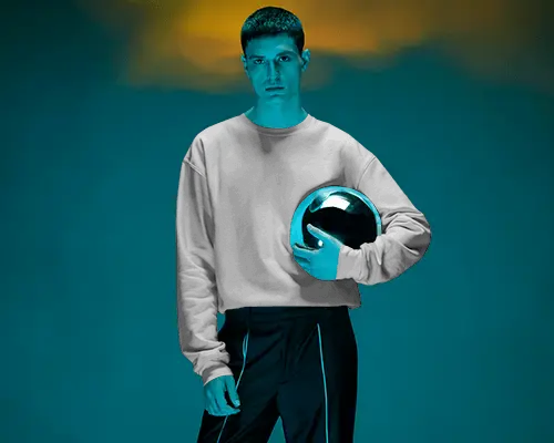 Cyber Inspire Sweatshirt Mockup Male Model With Metalic Sphere Minimal Stylish Contemporary Portrait