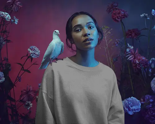 Artistic Floral Sweatshirt Mockup Woman With Dove Moody Studio Lighting Artistic Style
