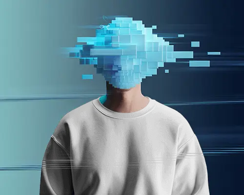 Digital Glitch Sweatshirt Mockup Blue Pixel Head Surreal Modern Artistic Style