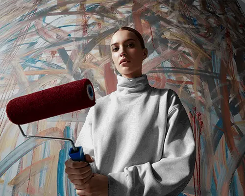 Artistic Sweatshirt Mockup Woman With Paint Roller Abstract Background Modern Look