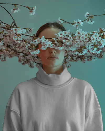 Serene Floral Sweatshirt Mockup Cherry Blossom Branches Minimal Dreamy Scene