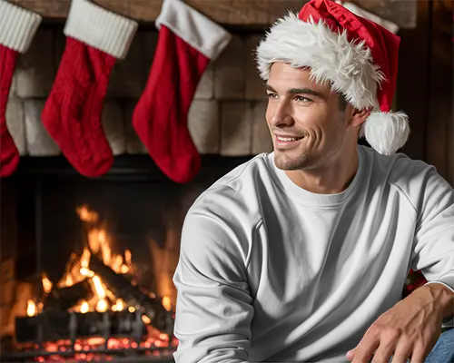 Cozy Winter Christmas Sweatshirt Mockup With Smiling Man Near Fireplace Christmas Theme