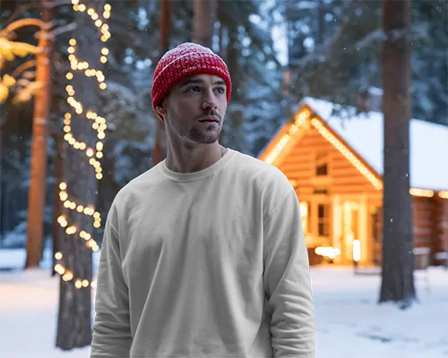 Cozy Winter Christmas Sweatshirt Mockup With Warm Knit Hat In Scenic Snowy Forest Background