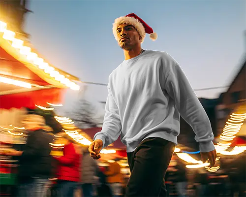 Cozy Market Christmas Sweatshirt Mockup Outdoor Winter Fashion Style For Men And Women