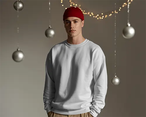 Stylish Minimalist Mens Christmas Sweatshirt Mockup For Winter Wardrobe And Casual Outfits Showcase