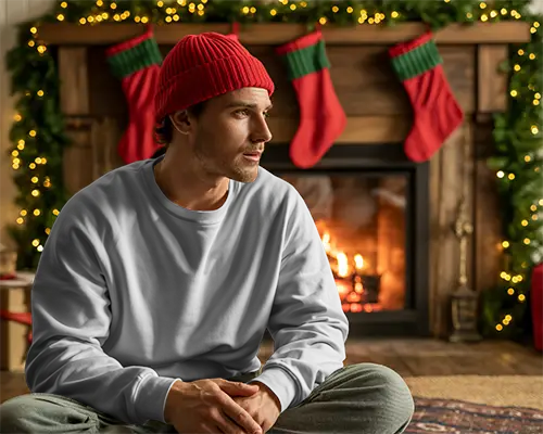 Cozy Casual Mens Christmas Sweatshirt Mockup Relaxed Fireplace Holiday Home Style