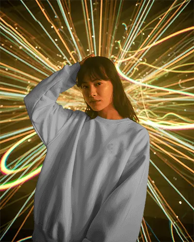 Trendy New Year Outfit Mockup Sweatshirt Casual Wear Model Light Trail Background