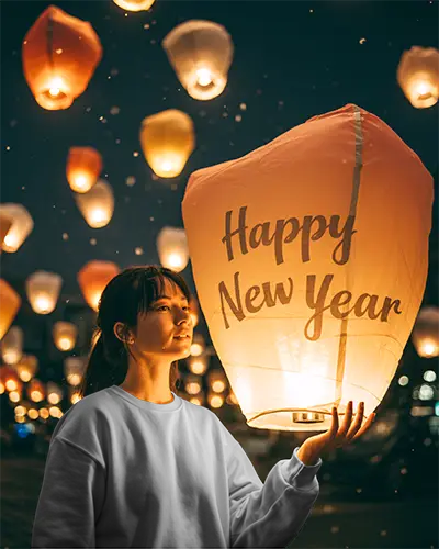 Festive New Year Sweatshirt Mockup Sky Lanterns Floating Brightly Night Symbolizing Hope And Wishes