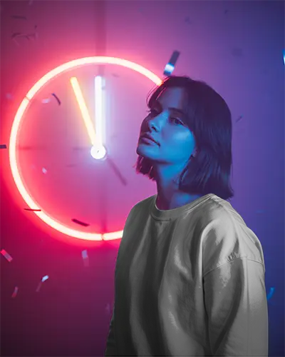 Futuristic New Year Sweatshirt Mockup Neon Clock Glow With Confetti Background