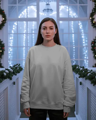 Christmas Sweatshirt Mockup Woman Standing Front View In Elegant Interior With Festive Lights