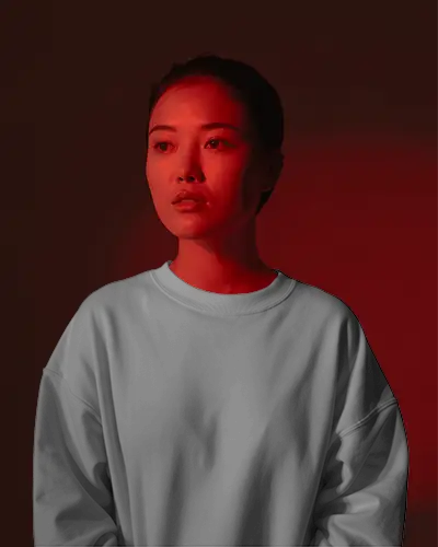 Sweatshirt Mockup Woman Portrait In Red Lit Studio With Moody Shadow And Minimal Fashion Style